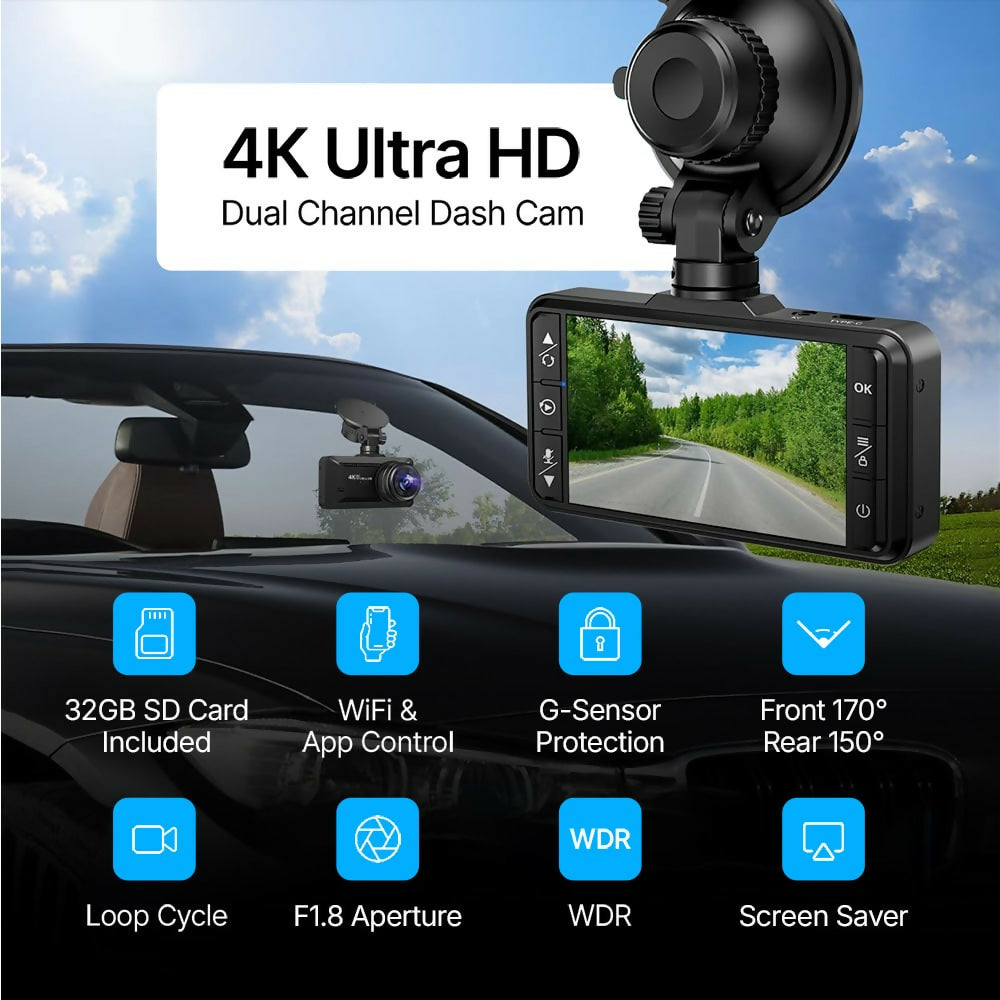 4K Dash Cam Pro – Ultra HD recording with front/rear cameras, night vision, and 24/7 monitoring