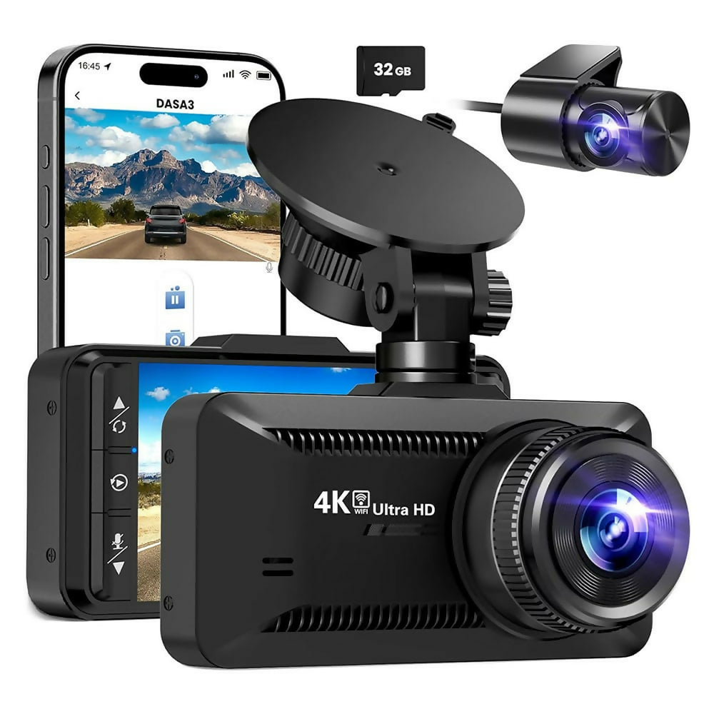 4K Dash Cam Pro – Ultra HD recording with front/rear cameras, night vision, and 24/7 monitoring
